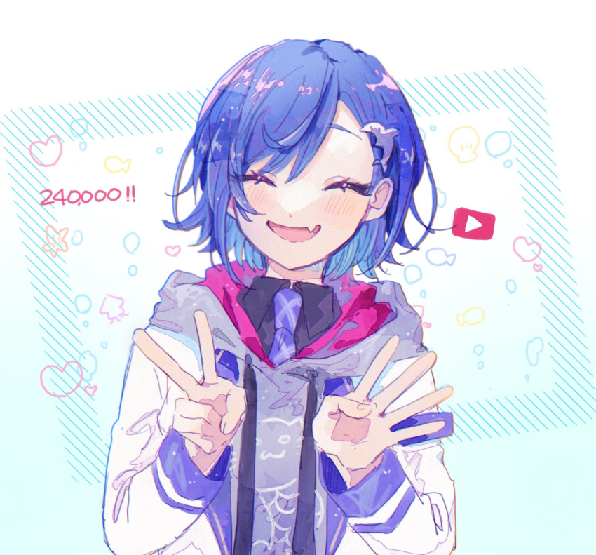 1girl, 3968, ^_^, bangs, black_shirt, blazer, blue_hair, blue_neckwear, blush, closed_eyes, collared_shirt, fang, grey_hoodie, highres, hood, hoodie, jacket, milestone_celebration, necktie, nijisanji, nishizono_chigusa, open_mouth, shirt, short_hair, skin_fang, smile, solo, upper_body, v, virtual_youtuber, white_jacket, youtube_logo