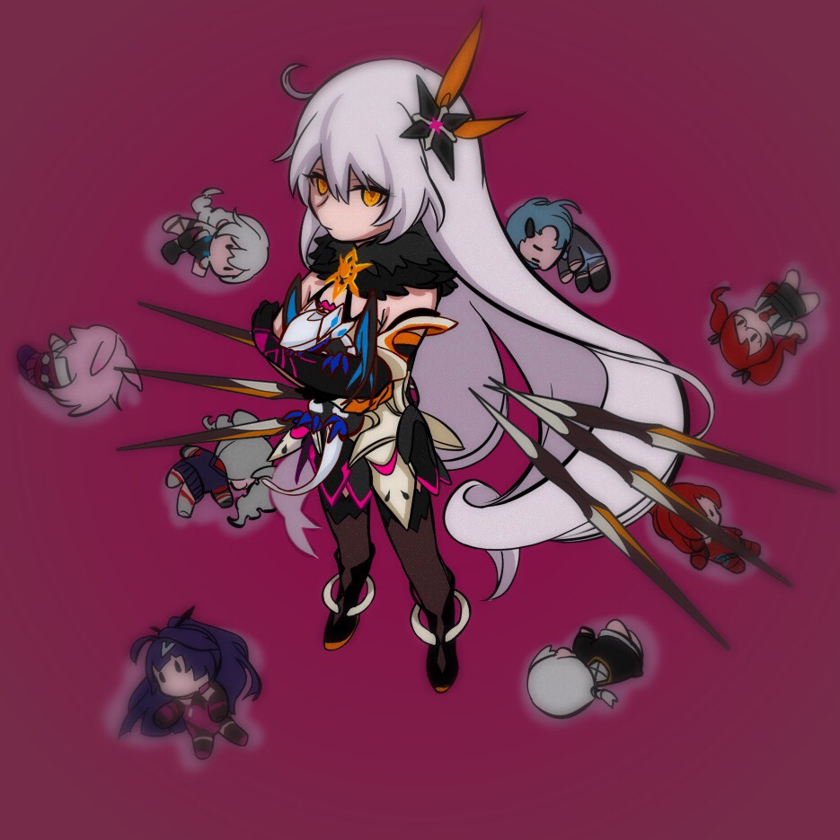 1girl, 66732906, antenna_hair, bangs, bare_shoulders, benares_(honkai_impact), black_gloves, bronya_zaychik, bronya_zaychik_(valkyrie_chariot), closed_mouth, doll, doll_hug, dragon, frederica_nikola_tesla, full_body, gloves, hair_between_eyes, hair_ornament, holding, honkai_(series), honkai_impact_3rd, kallen_kaslana, kallen_kaslana_(ritual_imayoh), kiana_kaslana, kiana_kaslana_(herrscher_of_the_void), leggings, lieserl_albert_einstein, long_hair, looking_at_viewer, murata_himeko, murata_himeko_(scarlet_fusion), purple_background, raiden_mei, raiden_mei_(valkyrie_bladestrike), simple_background, solo, theresa_apocalypse, theresa_apocalypse_(valkyrie_pledge), white_hair, yae_sakura, yae_sakura_(gyakushinn_miko), yellow_eyes