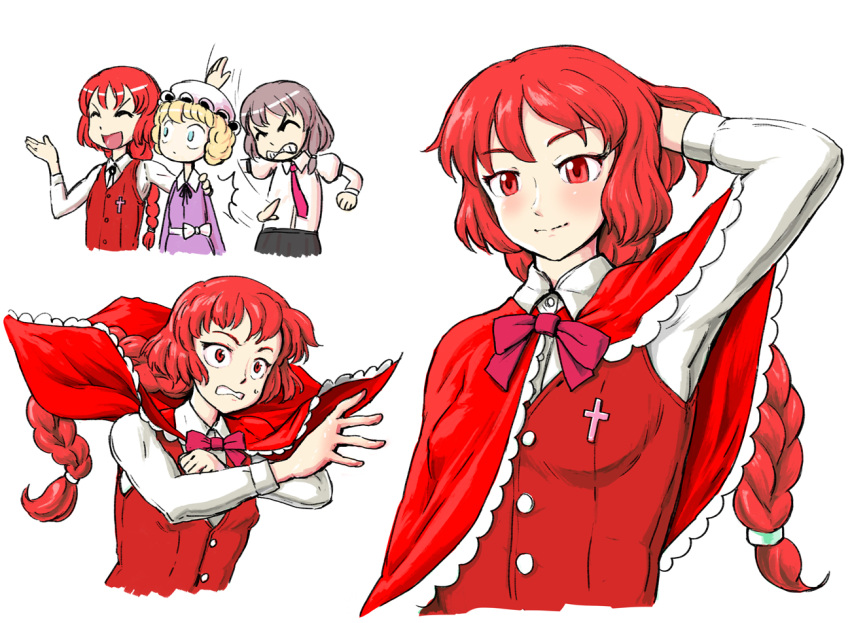 3girls, angry, black_skirt, blonde_hair, bow, bowtie, braid, brown_hair, capelet, cbn-56, clenched_teeth, closed_eyes, cross, hat, light_blue_eyes, long_braid, maribel_hearn, mob_cap, multiple_girls, necktie, no_hat, no_headwear, okazaki_yumemi, puffy_sleeves, purple_shirt, red_capelet, red_eyes, red_neckwear, redhead, shirt, short_hair, showing, skirt, surprised, teeth, touhou, touhou_(pc-98), usami_renko, white_shirt