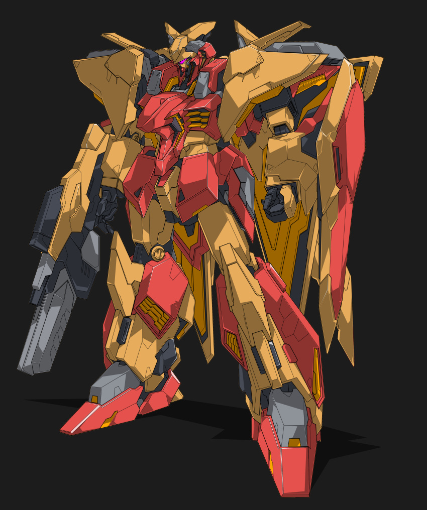 absurdres, beastkingbarbaros, black_background, clenched_hands, fusion, gun, gundam, gundam_hathaway's_flash, highres, holding, holding_gun, holding_weapon, mecha, messer_(mobile_suit), mobile_suit, no_humans, science_fiction, solo, standing, visor, weapon, xi_gundam