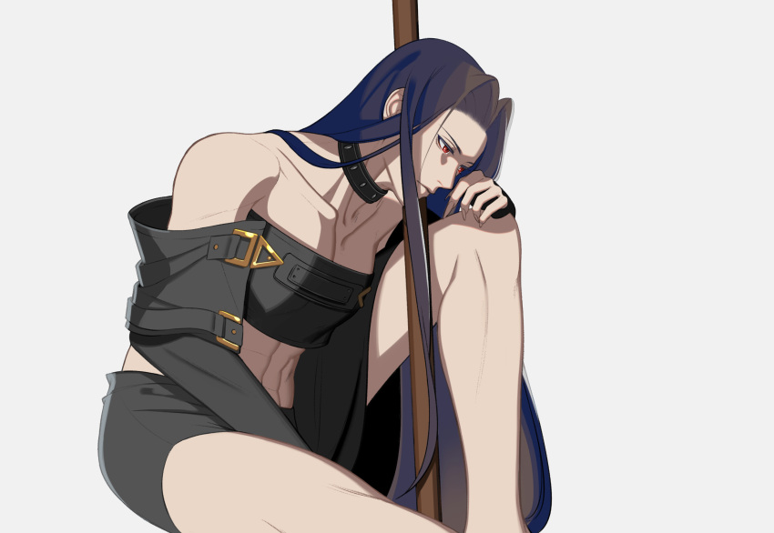 1boy, ark1478, bare_shoulders, barefoot, belt_buckle, black_hair, buckle, choker, collarbone, guilty_gear, guilty_gear_x, guilty_gear_xx, hand_on_knees, highres, long_hair, midriff, red_eyes, solo_focus, straight_hair, testament_(guilty_gear)