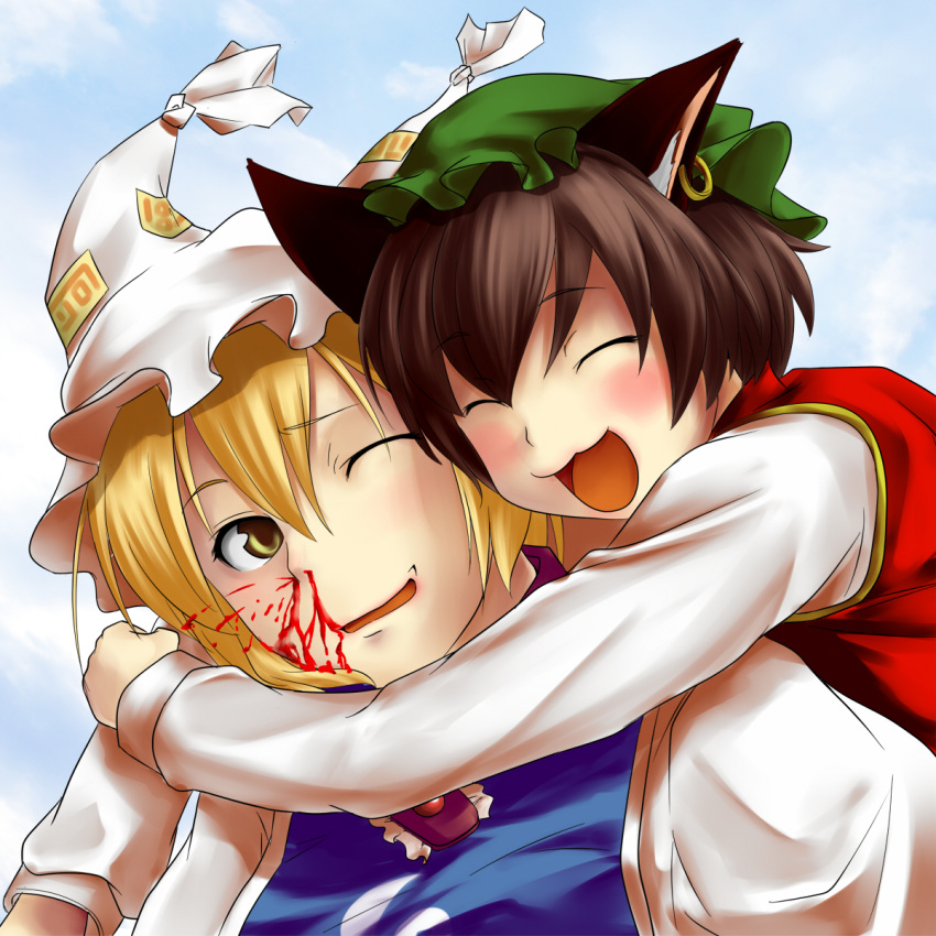 bad_id, blood, chen, copycat_(dryfood), copycat_(homura), highres, hug, nosebleed