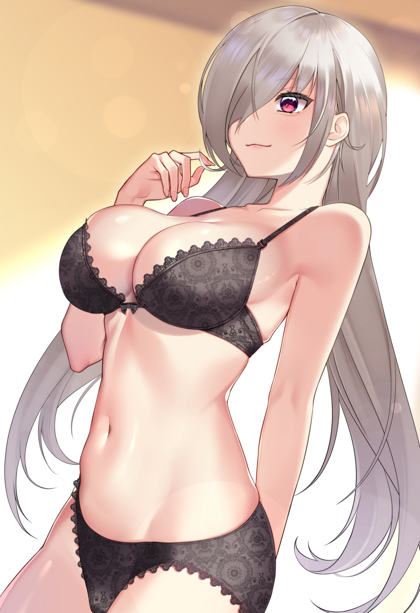 1girl, absurdres, arm_behind_back, bangs, black_bra, black_panties, blush, bow