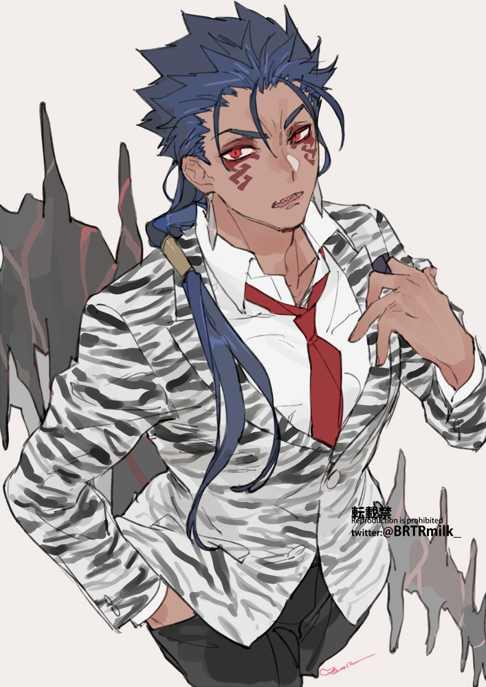 1boy, angry, animal_print, blue_hair, collared_shirt, cu_chulainn_(fate)_(all), cu_chulainn_alter_(fate/grand_order), dark_blue_hair
