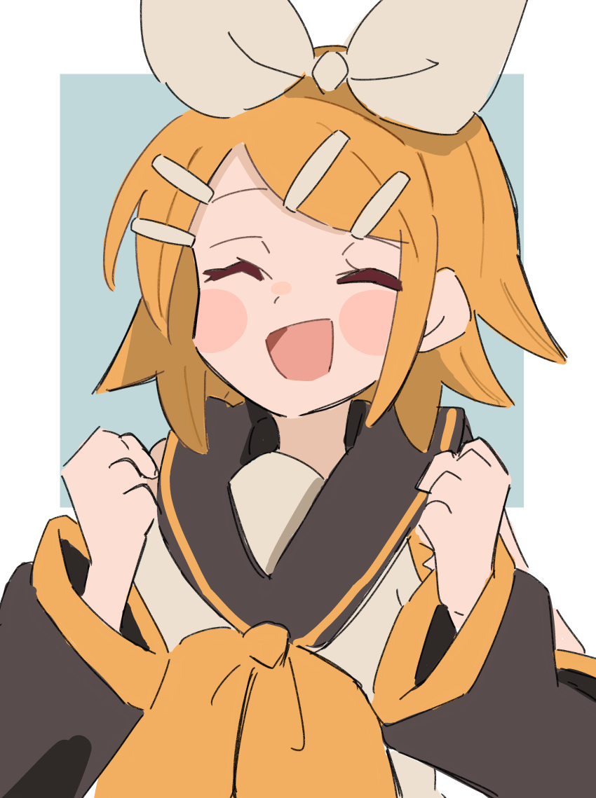 1girl, absurdres, black_sailor_collar, black_sleeves, blonde_hair, blue_background, blush, border