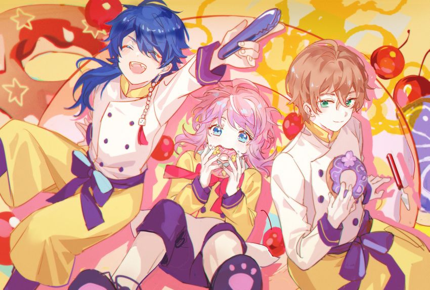 3boys, amemura_ramuda, apron, arisugawa_dice, arm_support, arm_up, bangs, black_footwear, black_pants, blue_eyes, blue_hair, blush, bow, bowtie, brown_hair, buttons, chef_uniform, cherry, closed_eyes, commentary, crossed_bangs, doughnut, earrings, eating, feet_out_of_frame, fling_posse, food, fruit, green_eyes, holding, holding_food, holding_tongs, hypnosis_mic, jewelry, kanose, light_smile, long_hair, looking_at_viewer, male_focus, multiple_boys, open_mouth, pants, paw_print_soles, pink_hair, ponytail, red_neckwear, shirt, sidelocks, smile, tassel, tassel_earrings, tongs, waist_apron, white_apron, white_shirt, yellow_apron, yellow_background, yellow_pants, yellow_shirt, yellow_theme, yumeno_gentarou