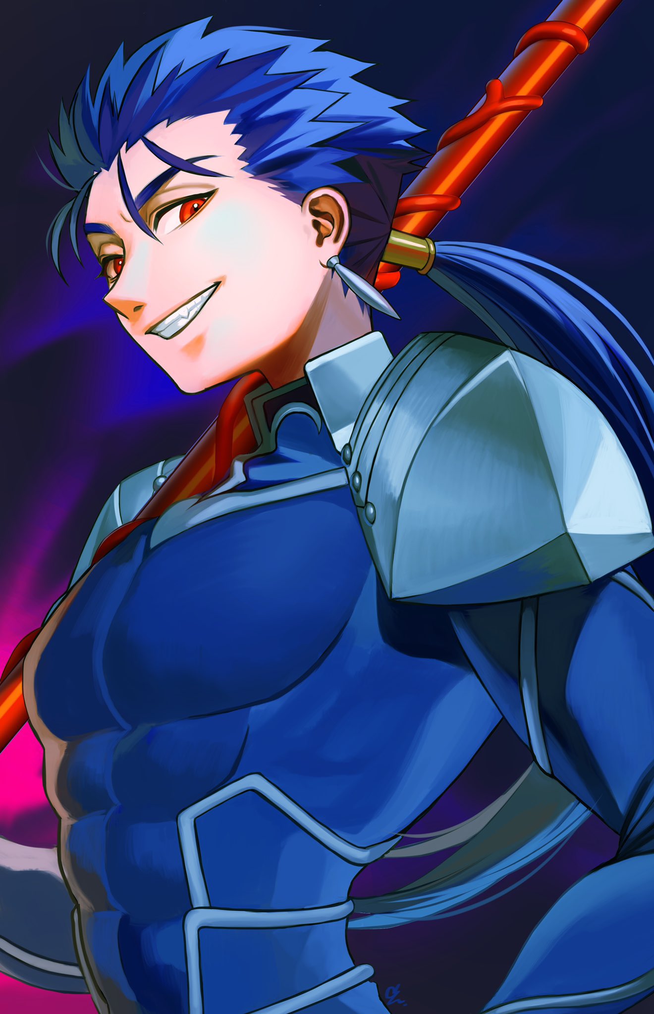 1boy, abs, armor, asakou_(n_morninglight), beads, blue_bodysuit, blue_hair, bodysuit