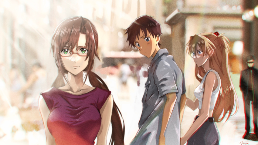 1boy, 2boys, 2girls, aigami_kaon, aigami_shion, anger_vein, artist_name, bangs, black_skirt, blue_eyes, blurry, blurry_background, breasts, brown_hair, closed_mouth, collared_shirt, commentary, crop_top, day, depth_of_field, distracted_boyfriend_(meme), dress, father_and_son, frown, glasses, green_eyes, grey_shirt, hair_ribbon, highres, ikari_gendou, ikari_shinji, interface_headset, large_breasts, long_hair, looking_at_another, looking_back, low_twintails, makinami_mari_illustrious, midriff, multiple_boys, multiple_girls, neon_genesis_evangelion, orange_hair, outdoors, purple_dress, rebuild_of_evangelion, red-framed_eyewear, red_ribbon, ribbon, shirt, short_hair, short_sleeves, signature, skirt, sleeveless, sleeveless_dress, souryuu_asuka_langley, standing, sunlight, twintails, two_side_up, verse, white_shirt