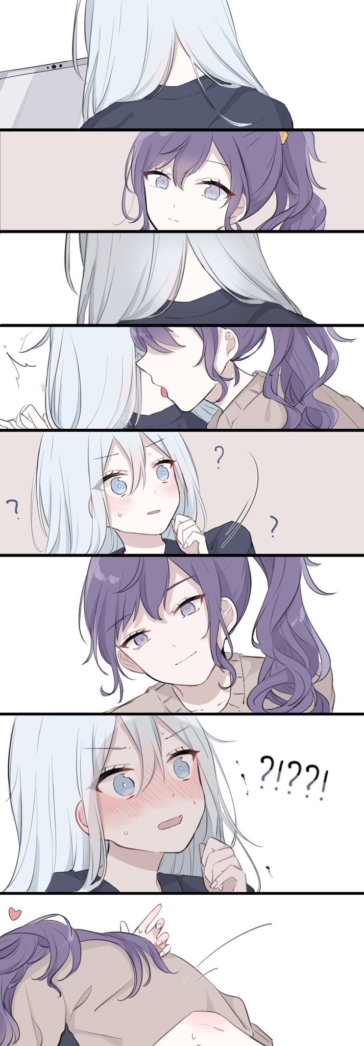 !?, 2girls, ?, asahina_mafuyu, bangs, blue_eyes, blush, closed_mouth