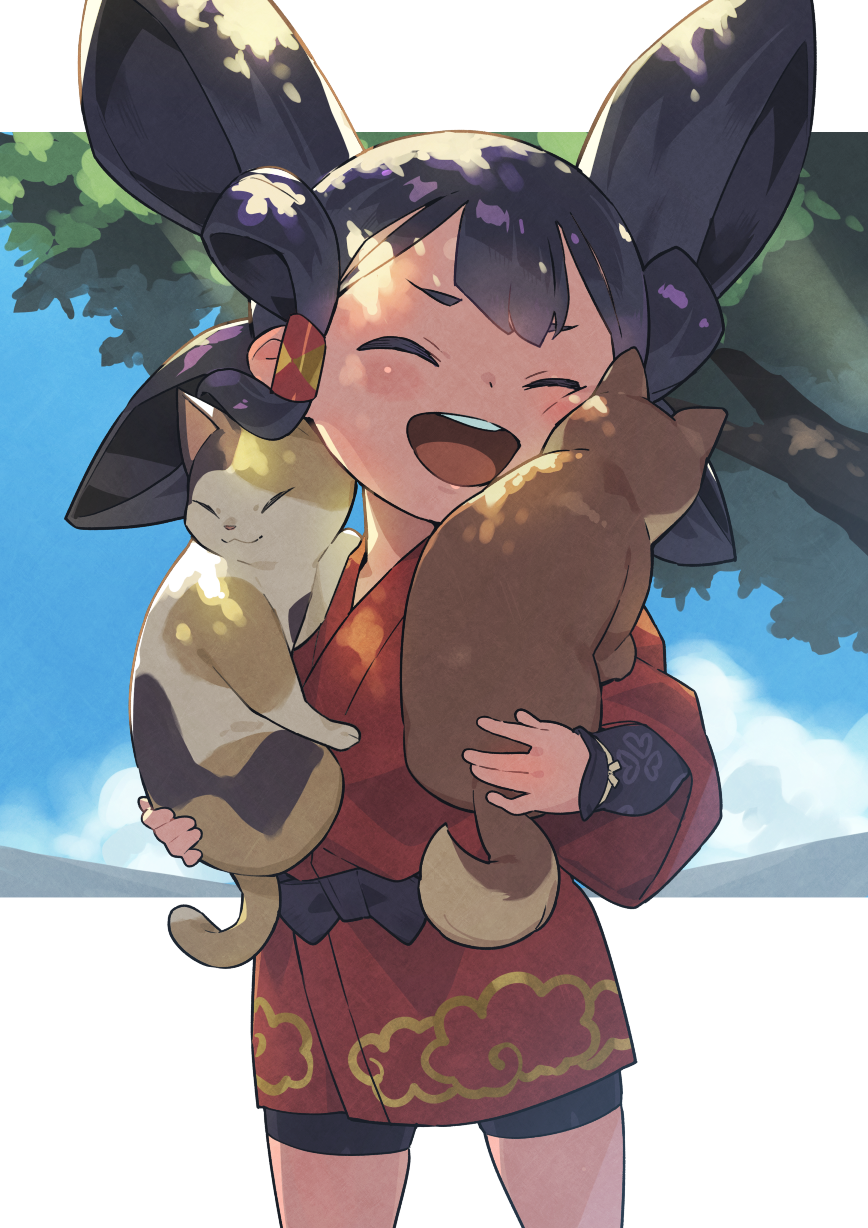 1girl, animal, black_hair, blush, cat, closed_eyes, cloud_print, day
