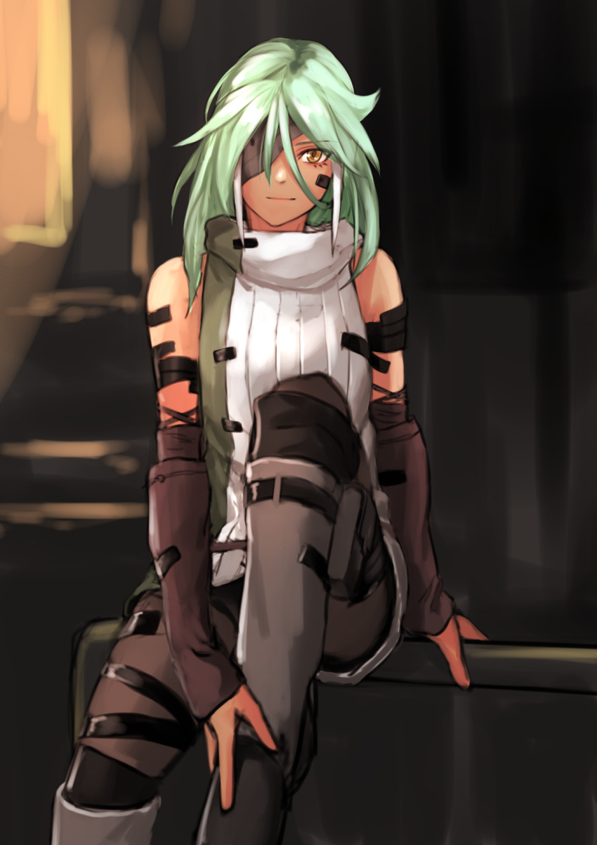 1girl, closed_mouth, eyepatch, god_eater, god_eater_3, green_hair, highres, kirie_kairi, long_hair, looking_at_viewer, player_(god_eater_3), sitting, solo, yellow_eyes