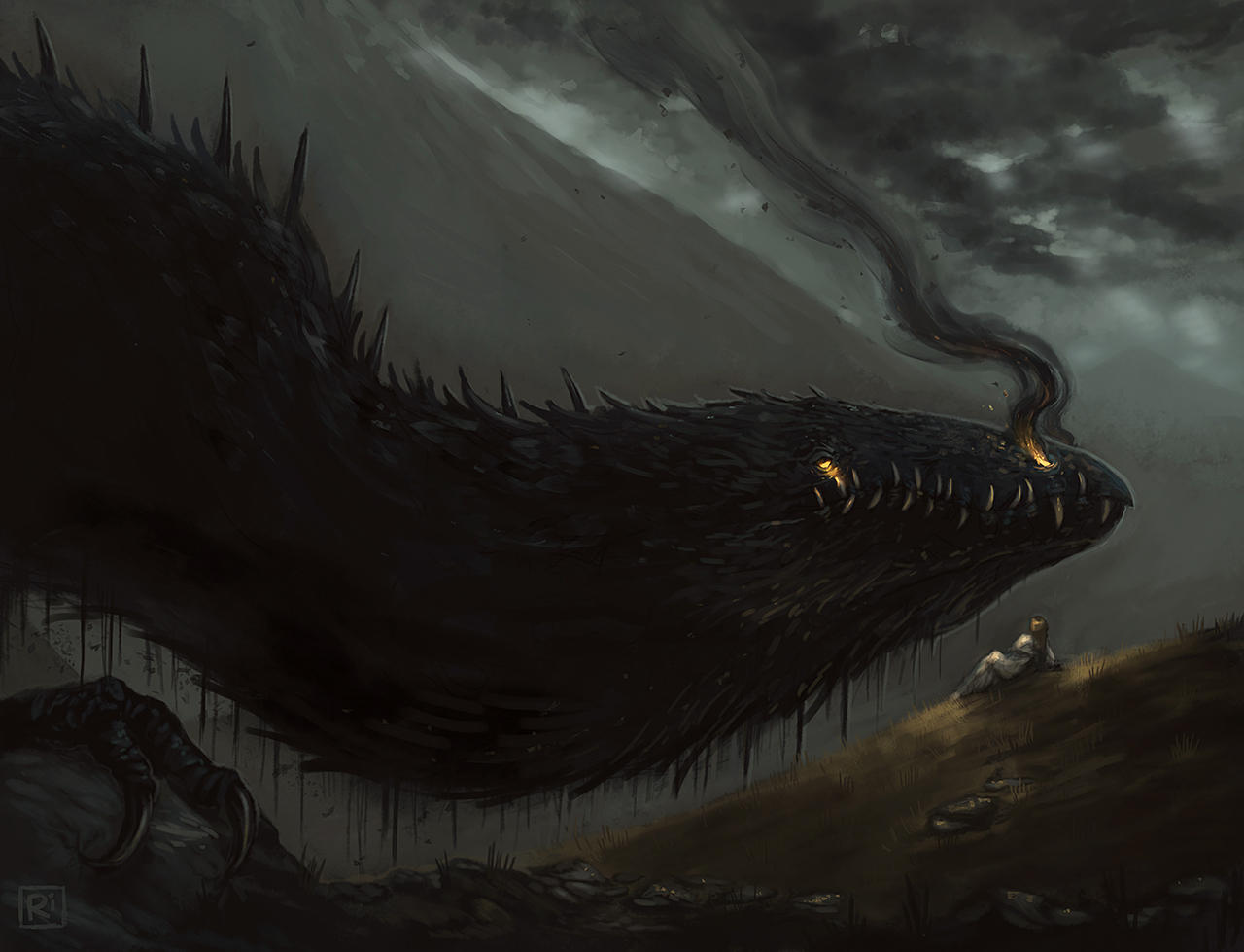 commentary, dragon, english_commentary, glaurung, glowing, glowing_eyes, grass, legendarium