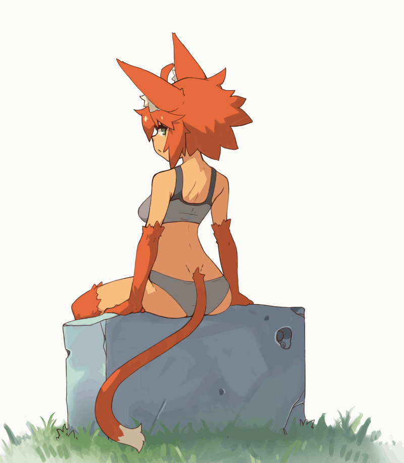 1girl, animal_ears, ass, bra, cat_tail, closed_mouth, commentary, ear_wiggle