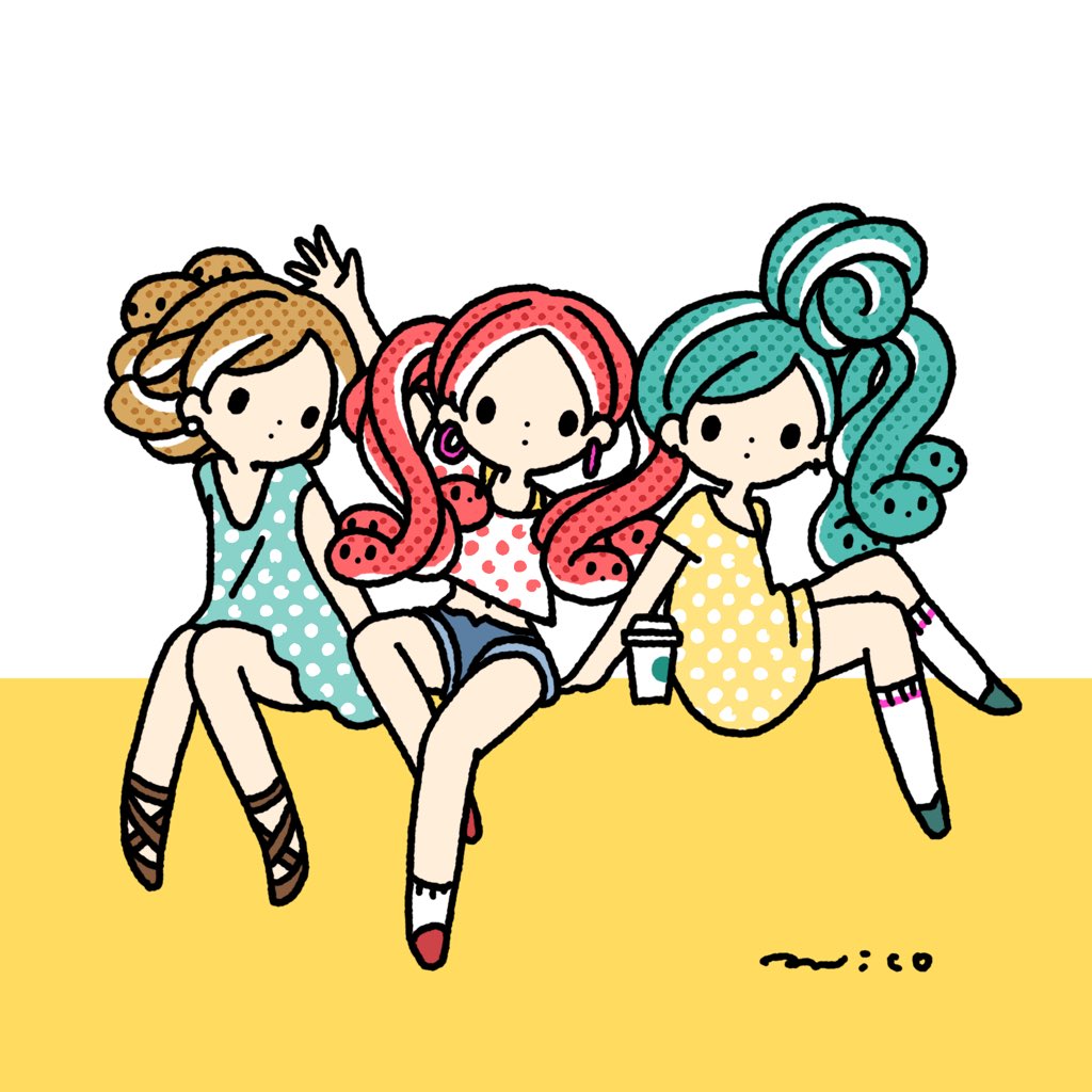 3girls, aqua_dress, aqua_footwear, aqua_hair, arm_up, blue_shorts, brown_footwear, brown_hair