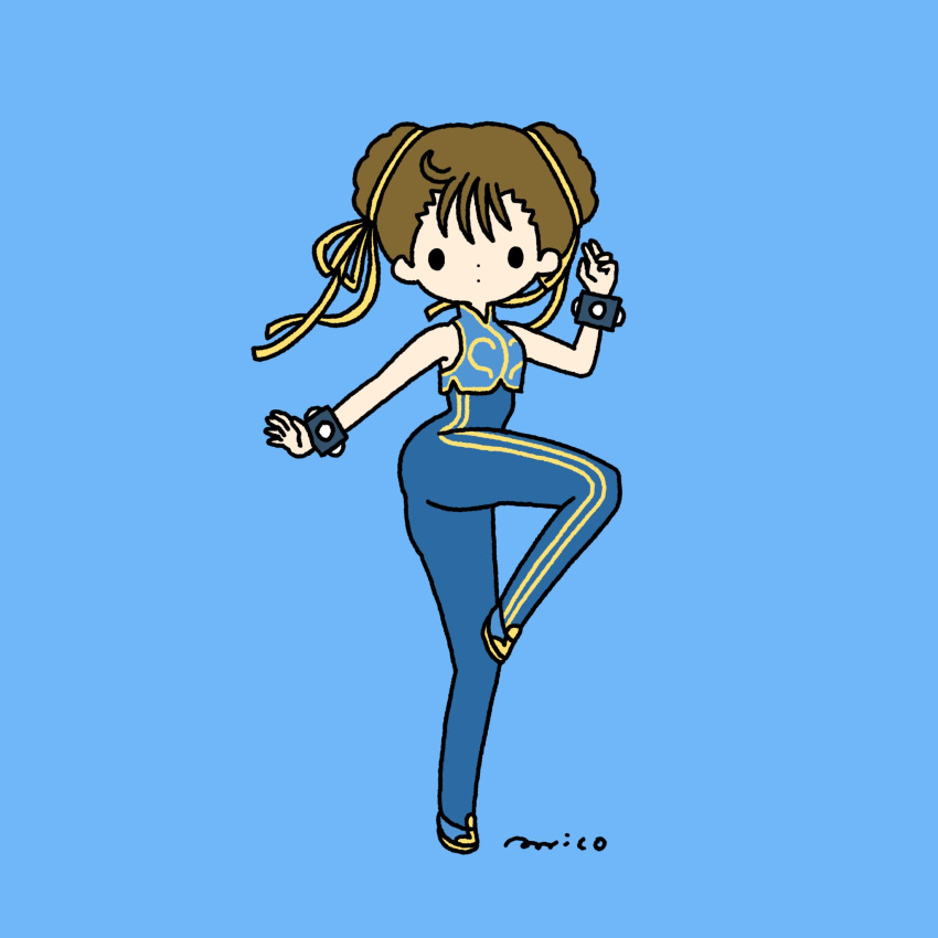 1girl, blue_background, brown_hair, chun-li, full_body, hair_ribbon, hand_up, highres