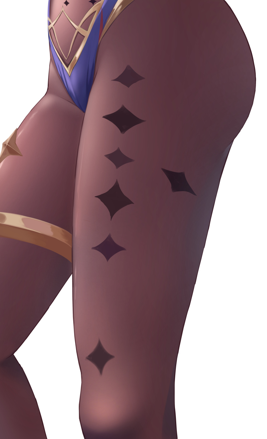 1girl, absurdres, ass, blue_leotard, bodystocking, close-up, genshin_impact, gold_trim, highres, legs, leotard, lower_body, mona_(genshin_impact), simple_background, solo, star_(symbol), thighlet, thighs, white_background, ym-1