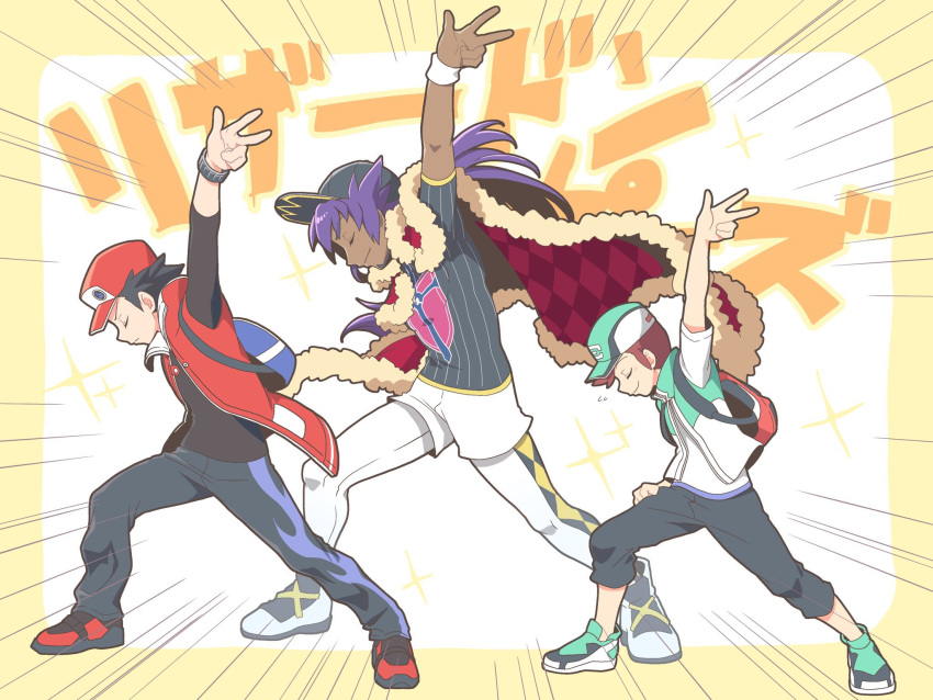 3boys, argyle, arm_up, backpack, bag, baseball_cap, black_hair, blue_bag