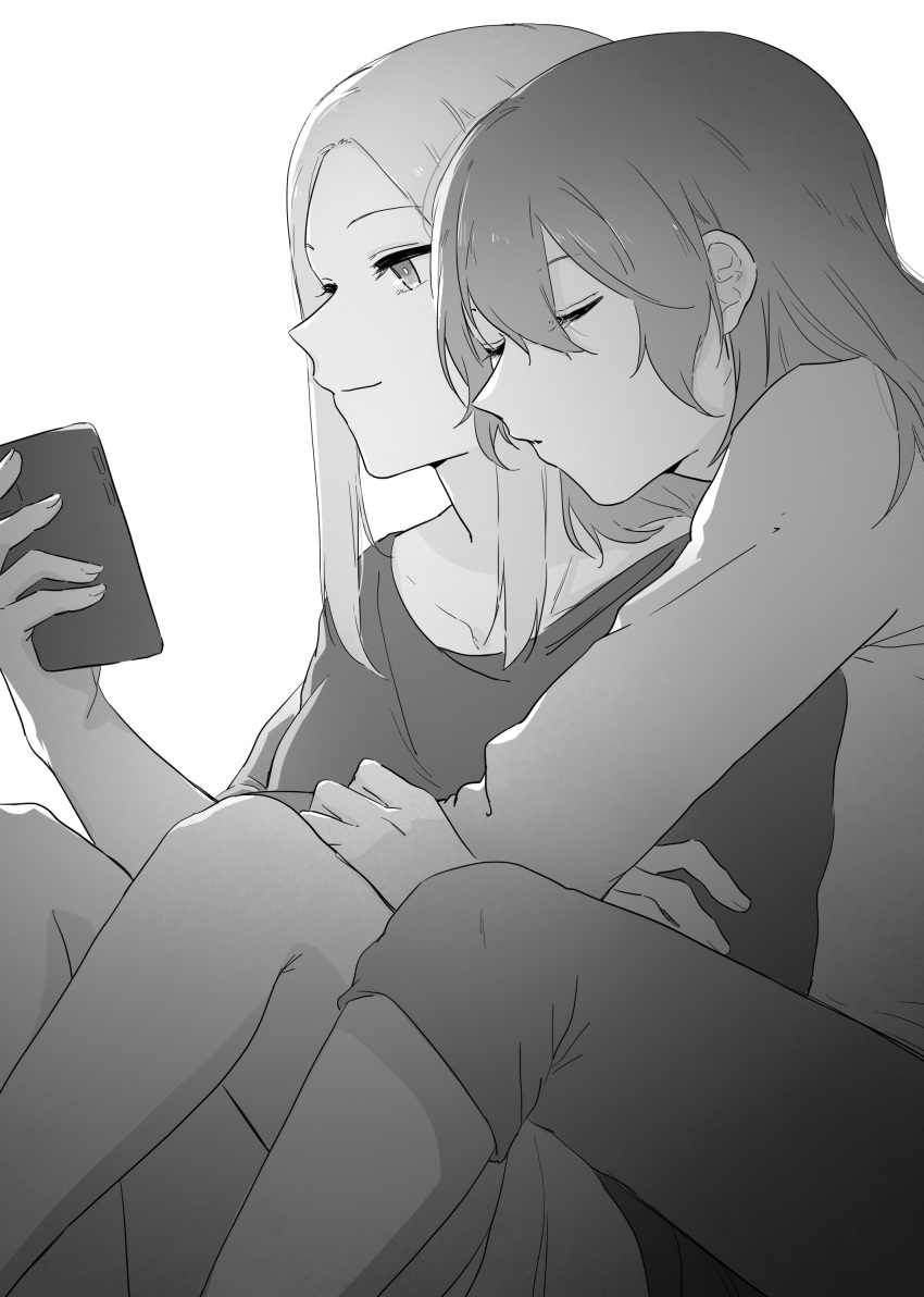 2girls, absurdres, byleth_(fire_emblem), byleth_eisner_(female), capri_pants, cellphone, chinese_commentary, closed_eyes, closed_mouth, collarbone, commentary_request, edelgard_von_hresvelg, english_commentary, fire_emblem, fire_emblem:_three_houses, greyscale, hand_on_another's_arm, hand_up, highres, holding, holding_phone, hug, hug_from_behind, long_hair, long_sleeves, looking_at_phone, mixed-language_commentary, monochrome, multiple_girls, natsuyiro_x, pants, phone, shirt, simple_background, sleeping, smartphone, smile, white_background, yuri