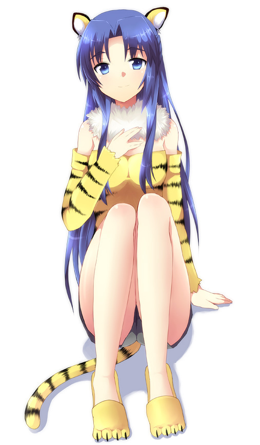 asakura_ryouko, blue_eyes, blue_hair, inui_nagi, long_hair, suzumiya_haruhi_no_yuuutsu, tail, tears, tiger_ears, tiger_print, tiger_tail