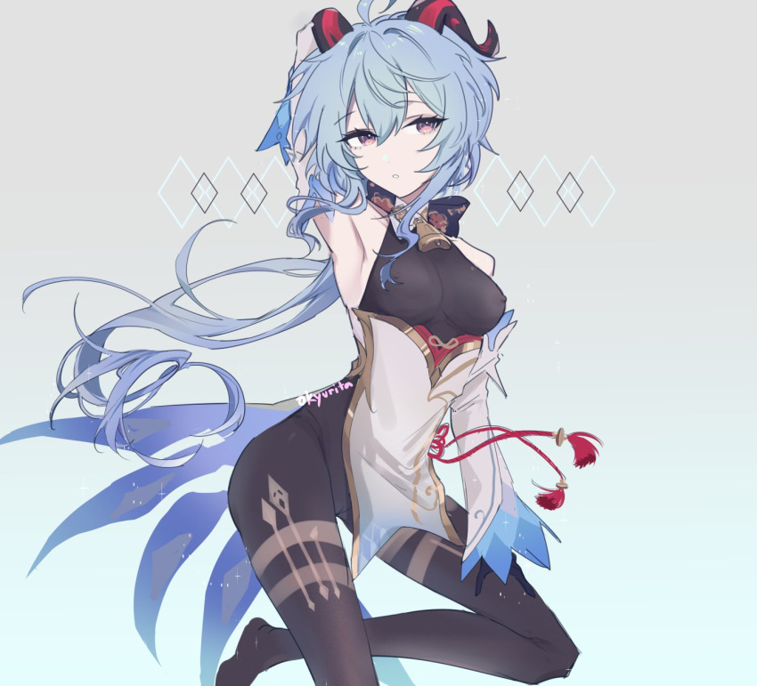 ahoge, bangs, bare_shoulders, black_bodysuit, blue_hair, bodystocking, bodysuit, breasts
