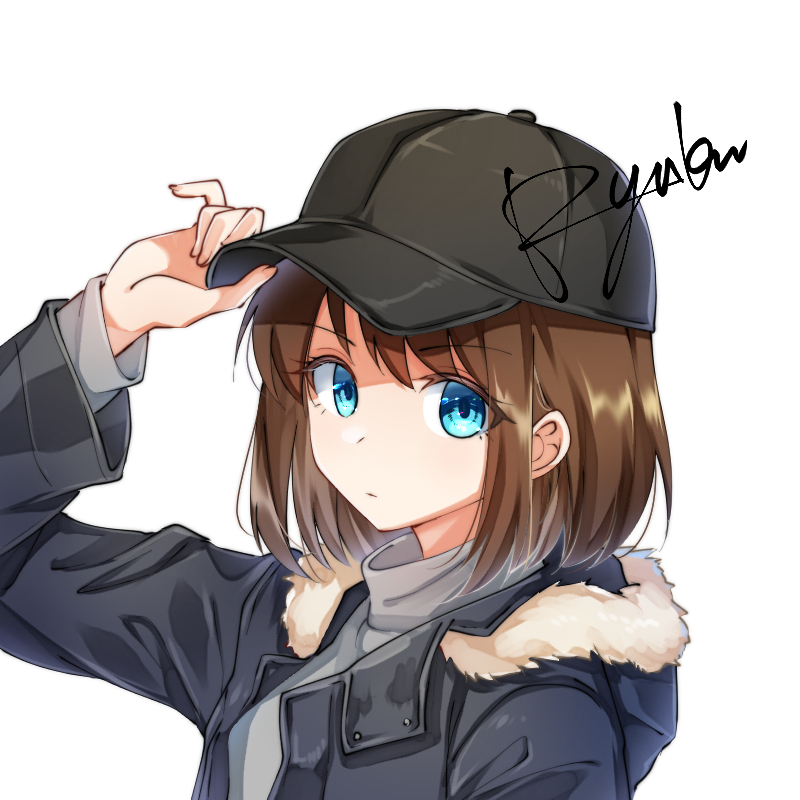 1girl, artist_name, baseball_cap, black_headwear, black_jacket, blue_eyes, brown_hair, commission