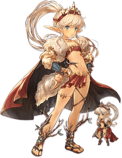 1girl, blonde_hair, blue_eyes, cape, chibi, closed_mouth, clothing_request, dual_persona, flip-flops, grey_eyes, hands_on_hips, long_hair, long_sleeves, matilda_penthesilea, mitra_sphere, non-web_source, official_art, pointy_ears, ponytail, red_cape, sandals, solo, thigh_strap, tiara, transparent_background