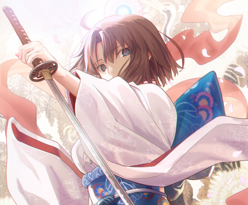 1girl, ahoge, aora, bangs, blue_eyes, breasts, brown_hair, japanese_clothes