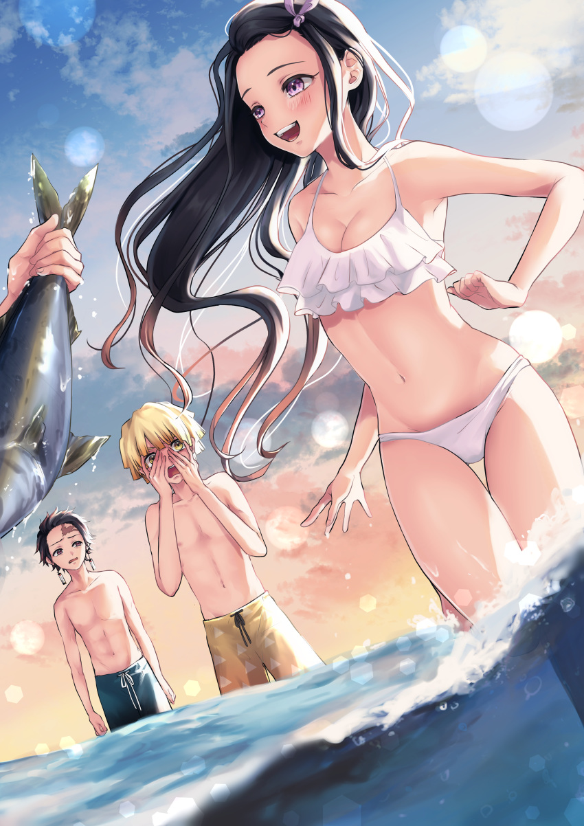 1girl, 2boys, absurdres, animal, beach, bikini, black_hair, blonde_hair