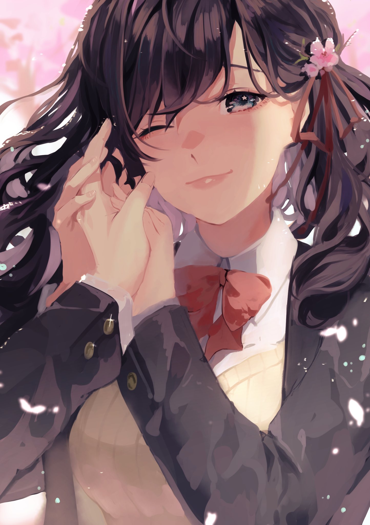 1girl, bangs, black_jacket, blazer, blue_eyes, breasts, brown_hair, cherry_blossoms