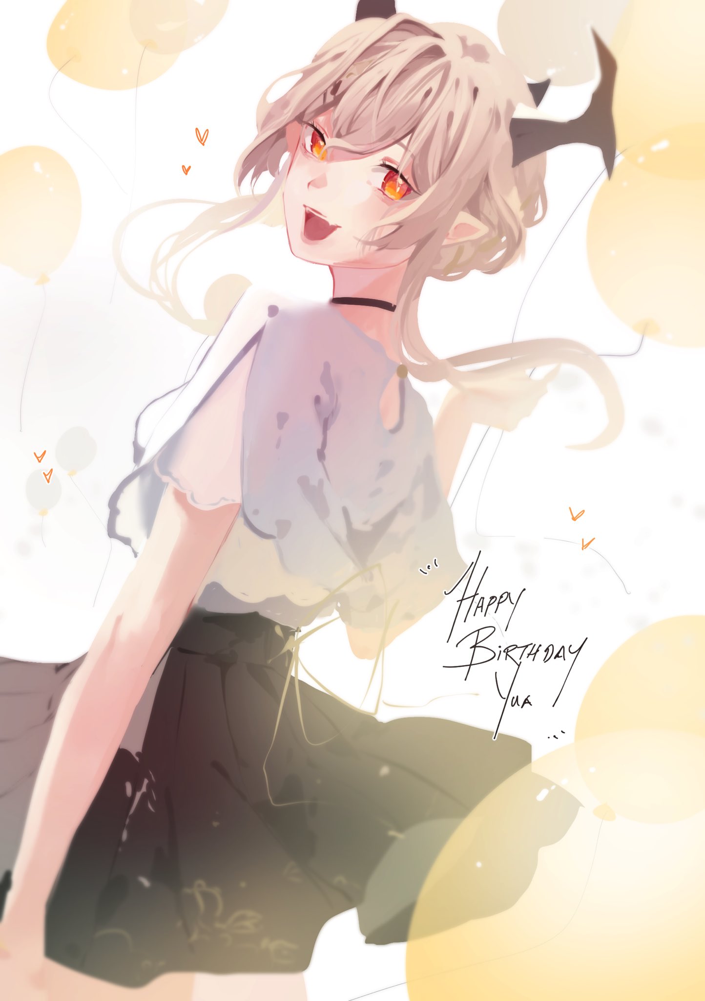 1girl, asagiri_yua_(vtuber), balloon, bangs, black_skirt, blouse, euphie_vt, fang, from_behind, grey_blouse, happy_birthday, heart, highres, horns, indie_virtual_youtuber, looking_back, open_mouth, orange_eyes, pointy_ears, short_hair, skin_fang, skirt, smile, solo, virtual_youtuber