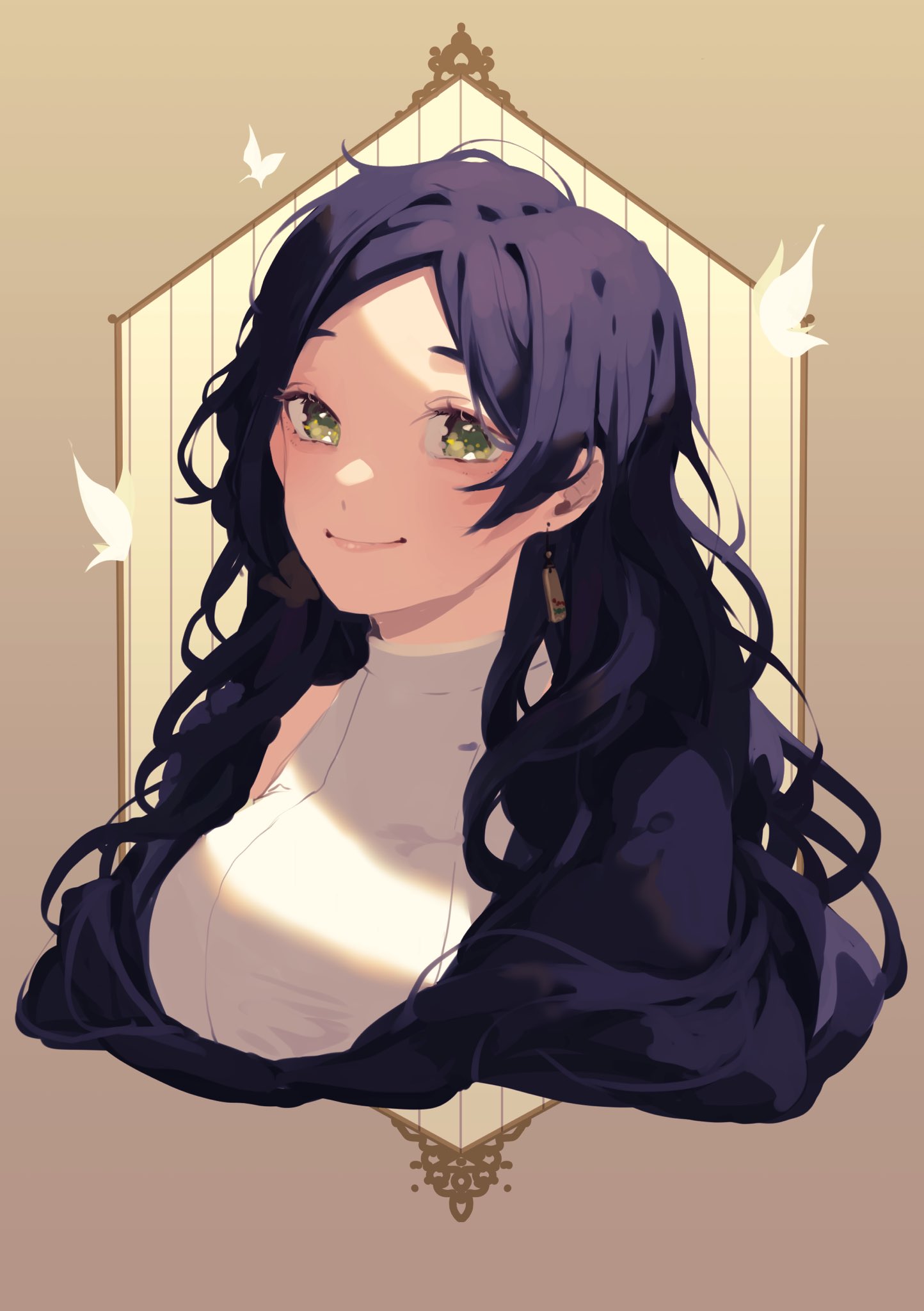 1girl, asahina_chie, bangs, breasts, bug, butterfly, earrings, euphie_vt