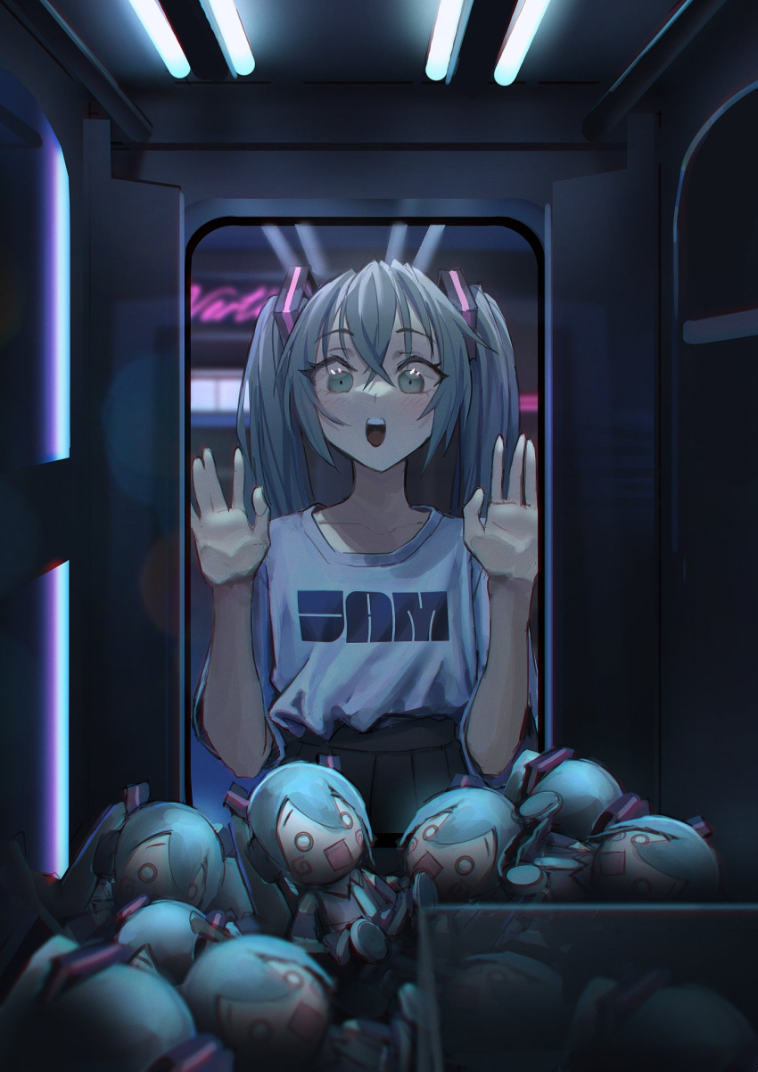 1girl, black_skirt, blue_eyes, blue_hair, collarbone, crane_game, flat_chest, hair_between_eyes