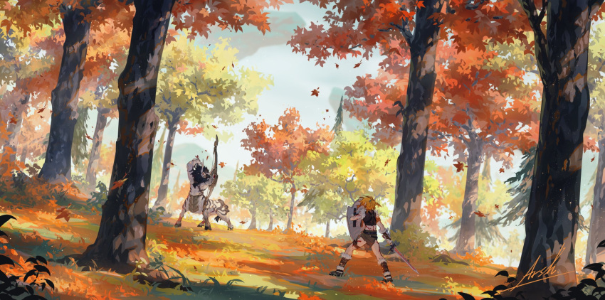 1boy, arsh_(thestarwish), autumn, autumn_leaves, barbarian_set_(zelda), bare_shoulders, black_hair, blonde_hair