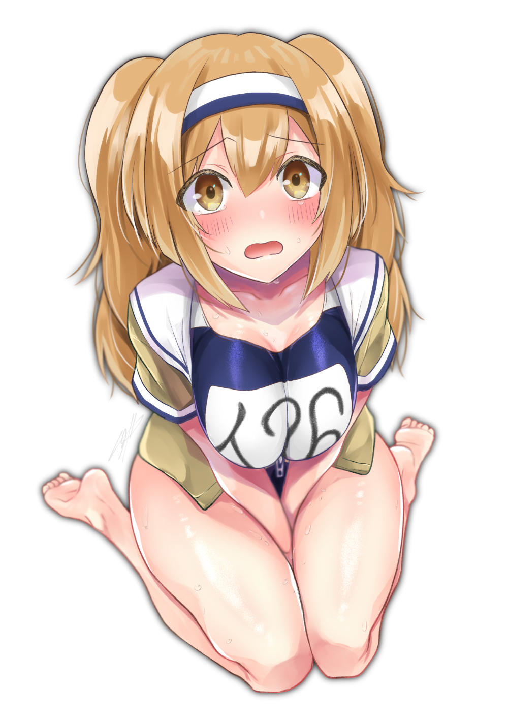 1girl, barefoot, breasts, brown_jacket, chikage_(blackclownery), commentary_request, from_above, hairband
