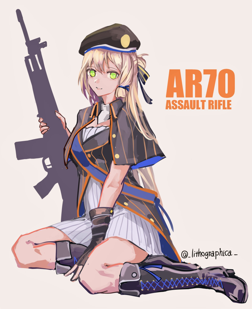 1girl, absurdres, ar-70_(girls_frontline), beret, blonde_hair, boots, girls_frontline, green_eyes