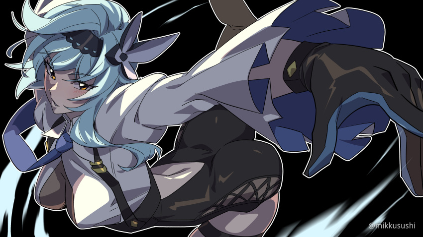 1girl, absurdres, ass, black_background, black_gloves, blue_hair, bodystocking, eula_(genshin_impact)