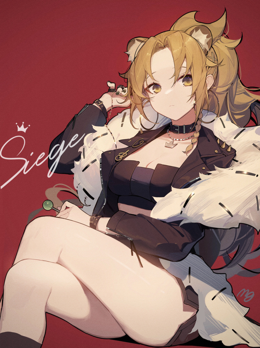 1girl, animal_ear_fluff, animal_ears, arknights, black_bandeau, black_choker, black_footwear, black_jacket