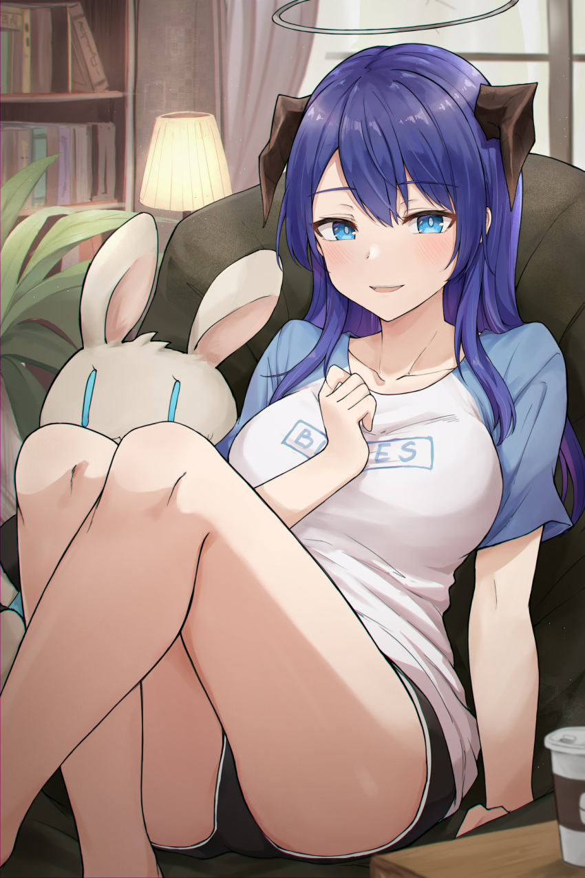 1girl, :d, absurdres, arknights, black_shorts, blue_eyes, blue_hair, blue_sleeves