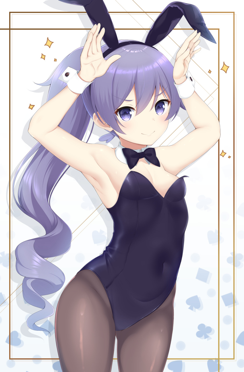 1girl, absurdres, animal_ears, arms_up, black_legwear, black_leotard, black_neckwear, blue_eyes