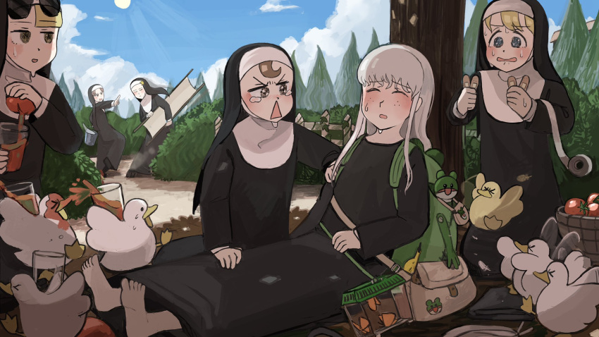 >_<, 6+girls, backpack, bag, banana, bandages, bandaid, barefoot