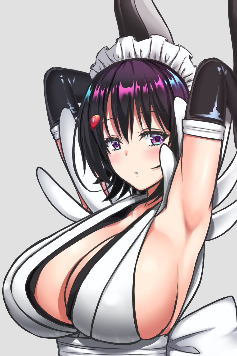 1girl, arm_up, armpits, arms_around_neck, arms_behind_head, arms_up, bangs, black_hair