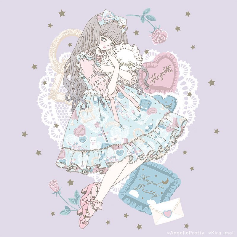 angelic_pretty, bangs, blue_bow, blue_dress, blunt_bangs, bow, caption, cat, curly_hair, dress, fashion, finger_to_mouth, floating, flower, frilled_dress, frilled_shirt_collar, frilled_sleeves, frills, grey_eyes, grey_hair, hair_bow, hair_ornament, heart, heart_pillow, high_heels, japanese_clothes, kira_imai, lace, lavender_background, letter, lolita_fashion, long_hair, matching_outfit, official_art, patterned_clothing, picture_frame, pillow, pillow_hug, pink_bow, pink_footwear, postcard, print_bow, print_dress, product_placement, ribbon, rose, star_(symbol)