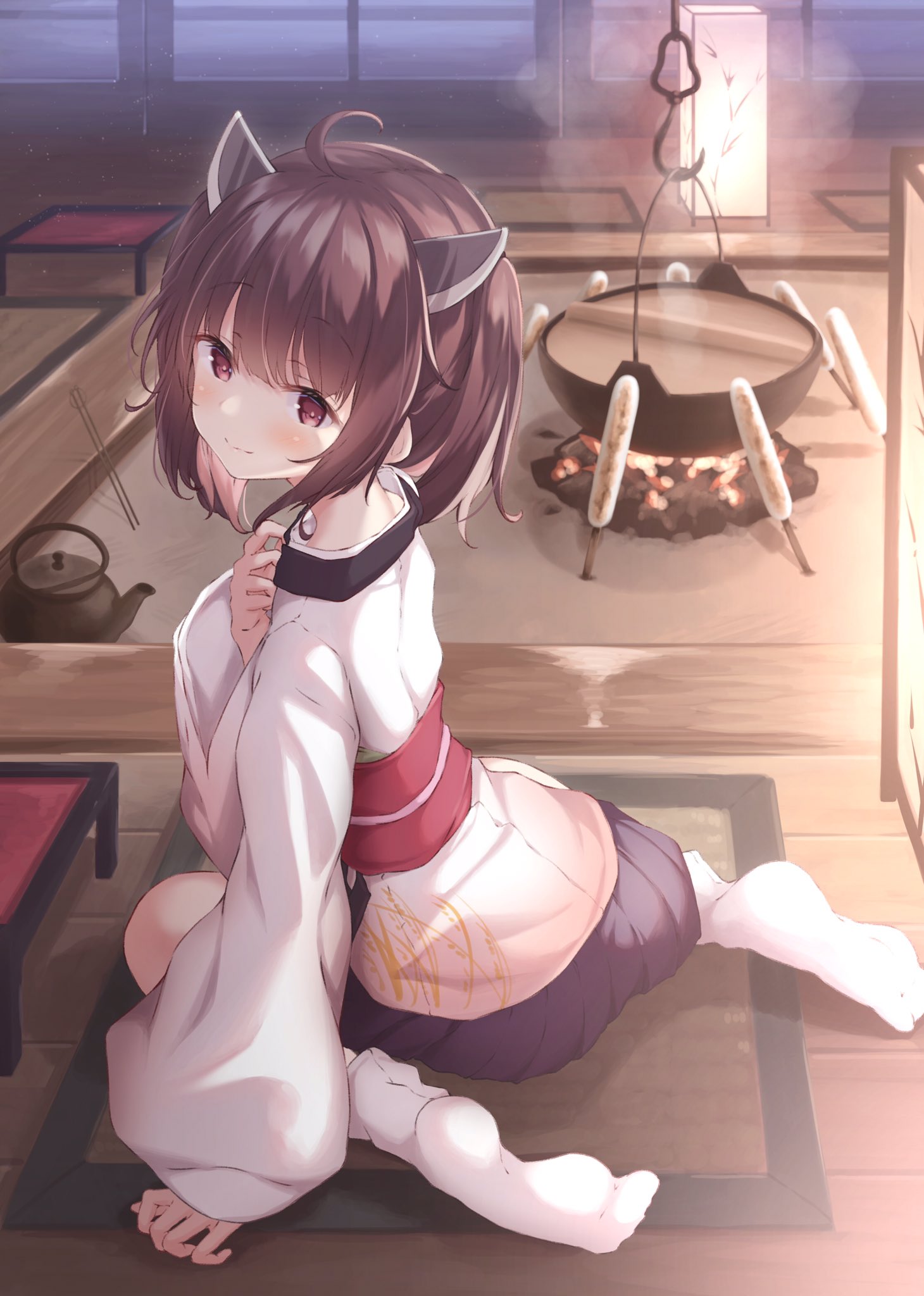 1girl, ahoge, blue_skirt, brown_hair, chabudai_(table), commentary, fire, from_behind