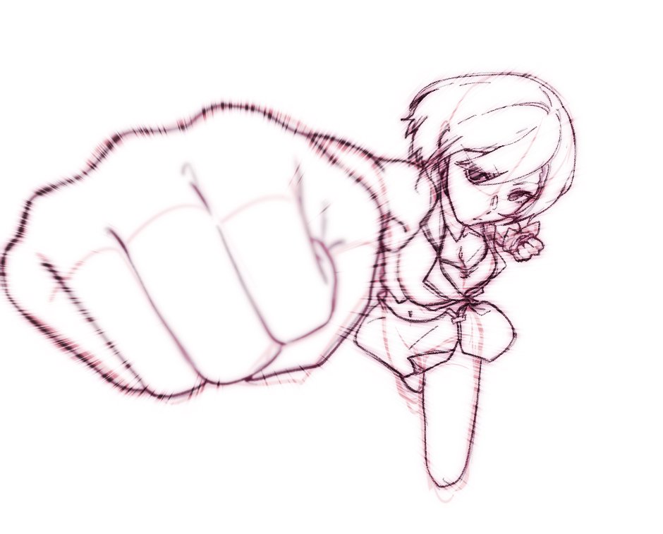 1girl, clenched_hands, commentary, english_commentary, foreshortening, incoming_punch, lineart, looking_at_viewer
