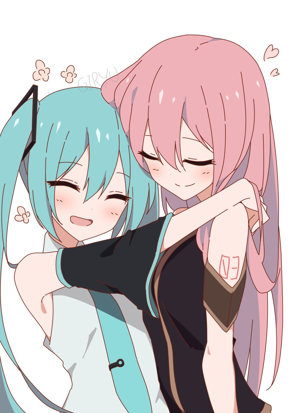 2girls, aqua_hair, aqua_neckwear, armband, artist_name, bare_shoulders, black_shirt, black_sleeves, closed_eyes, commentary, detached_sleeves, flower, giryu, grey_shirt, hair_ornament, hatsune_miku, highres, hug, long_hair, megurine_luka, multiple_girls, necktie, open_mouth, pink_hair, shirt, shoulder_tattoo, sleeveless, sleeveless_shirt, smile, tattoo, twintails, upper_body, very_long_hair, vocaloid, white_background, yuri