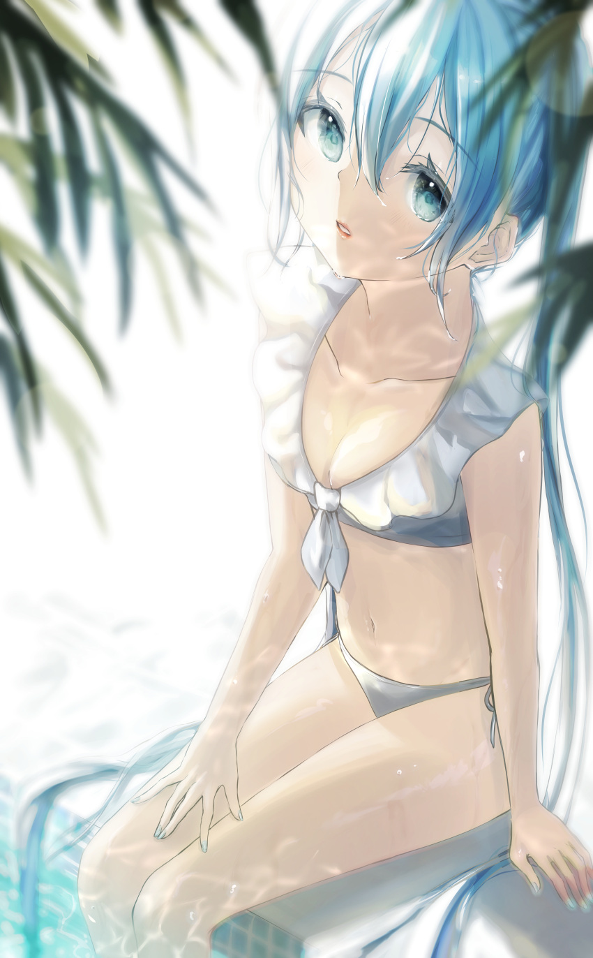 1girl, absurdres, aqua_eyes, aqua_hair, aqua_nails, collarbone, collared_bikini, commentary