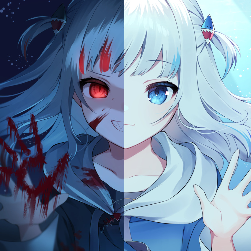 1girl, album_cover, blood, blood_on_face, bloody_clothes, bloody_handprints, blue_eyes, blue_hoodie