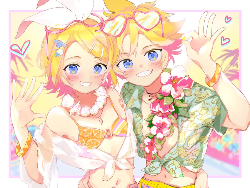 1boy, 1girl, arm_around_waist, bikini, bracelet, flower, green_shirt, hand_on_another's_hip