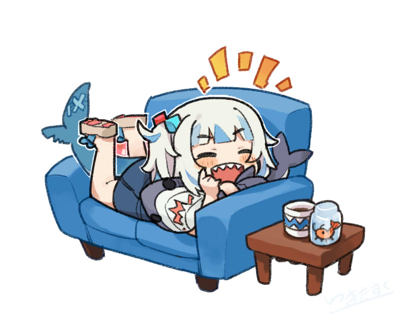 1girl, :d, ^_^, bangs, blue_dress, blue_hair, blush, brown_footwear