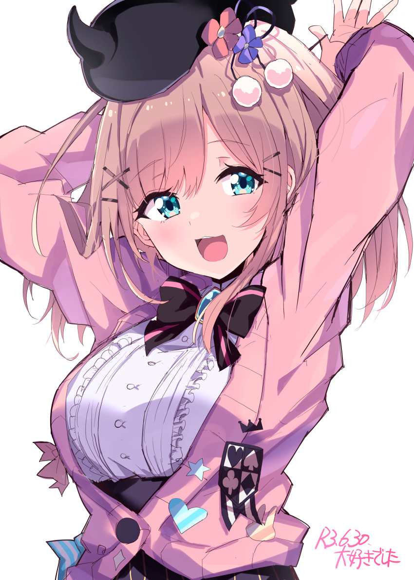 1girl, absurdres, arms_up, artist_name, bangs, beret, black_headwear, black_neckwear